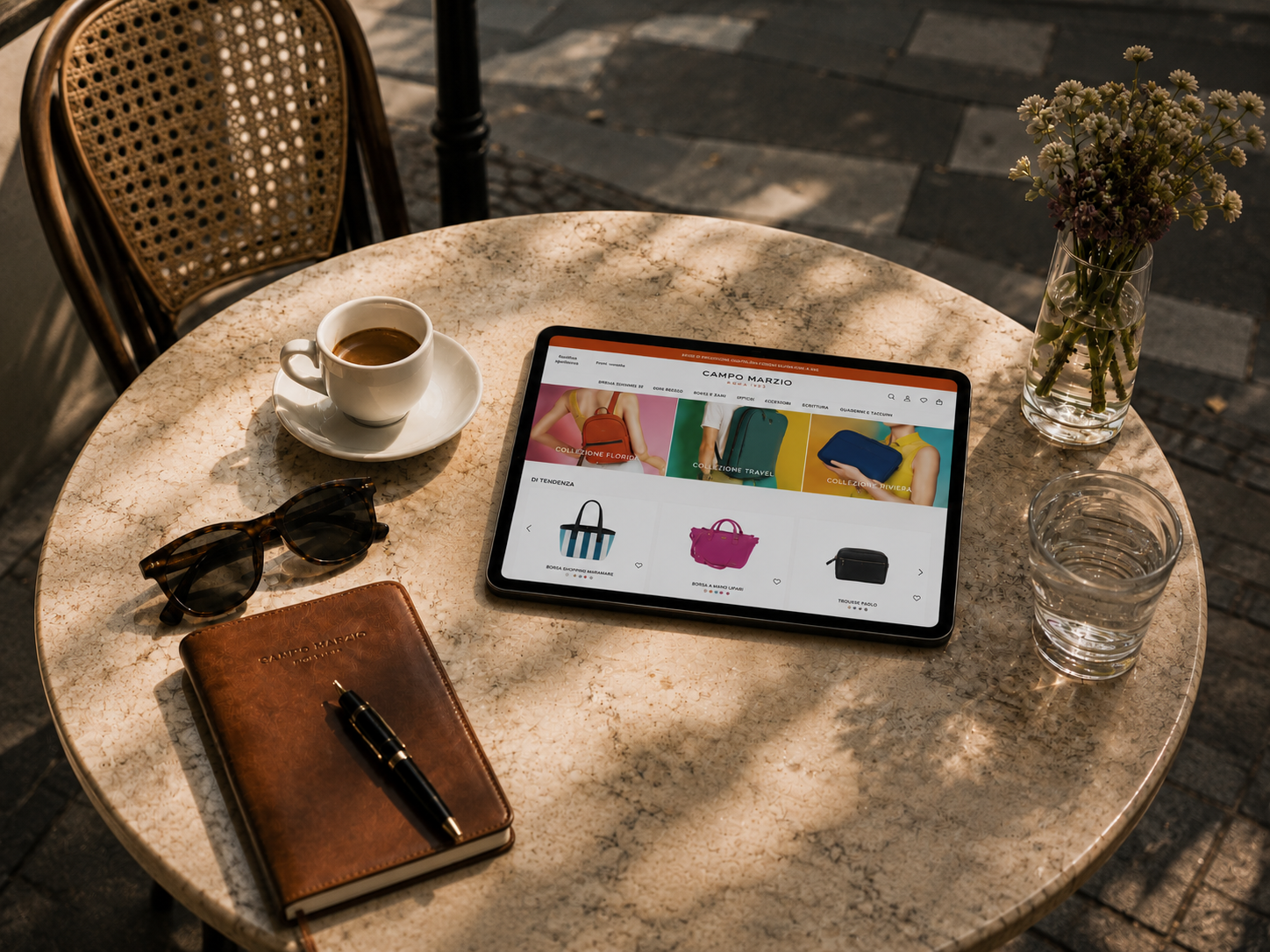 Campo Marzio campaign — model with colourful handbags against red wall